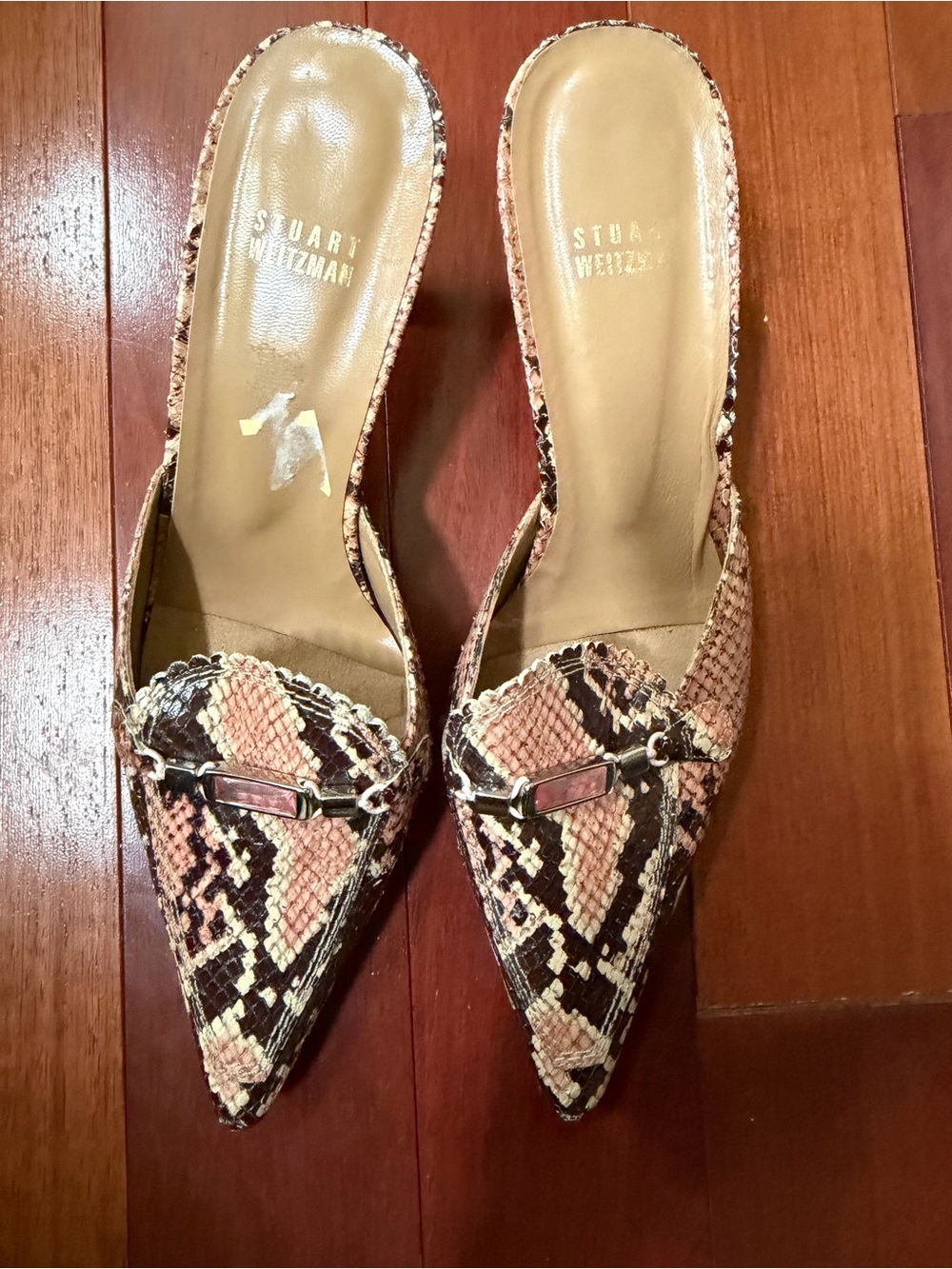Stuart Weitzman Pink and Brown Snake-Print Pointed Mule with Metal Bit 8.5 m